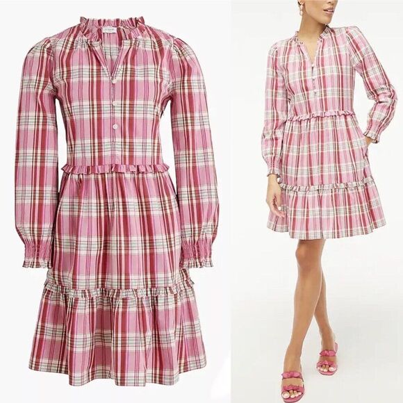 J. Crew Pink Plaid Mini Dress with Ruffle Hem | Size 00 - Picture 1 of 8
